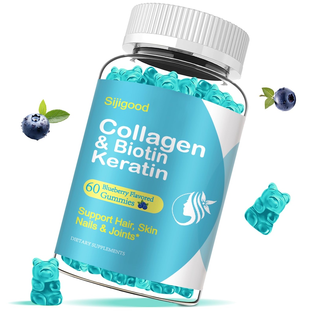 Biotin Gummies med Collagen, Keratin, Hyaluronsyre, Vitamin til hud, Hårvækst, Nails, Kvinder Mænd Voksne Børn - 60 Blåbær Tyggegummi