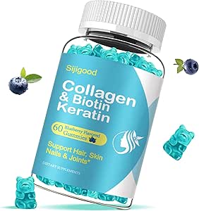 Biotin Gummies med Collagen, Keratin, Hyaluronsyre, Vitamin til hud, Hårvækst, Nails, Kvinder Mænd Voksne Børn - 60 Blåbær Tyggegummi