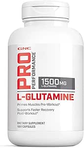 GNC Pro Performance L- Glutamin 1500mg, Aminosyretilskud, Understøtter Muscle Recovery & Funktion, Fuels immunsystem, Afspil nøglerolle i proteinsyntese, Unflavored, Gluten Free, 180 Kapsler