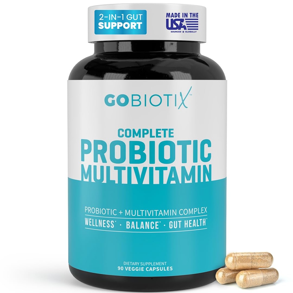 GOBIOTIX Multivitamin med probiotika og fordøjelsesenzymer - 25 milliarder CFU - fordøjelsessygdomme, probiotika til kvinder og mænd - Gluten Free Pills - 90 kapsler