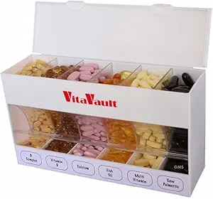GMS VitaVault Vitamin & Pill Organizer - Medicine Kabinet Organizer med 6 separate store kompartmenter - Store op til 60 dage værd af 6 forskellige vitaminer - Passer til alle størrelser kosttilskud - 1 stk