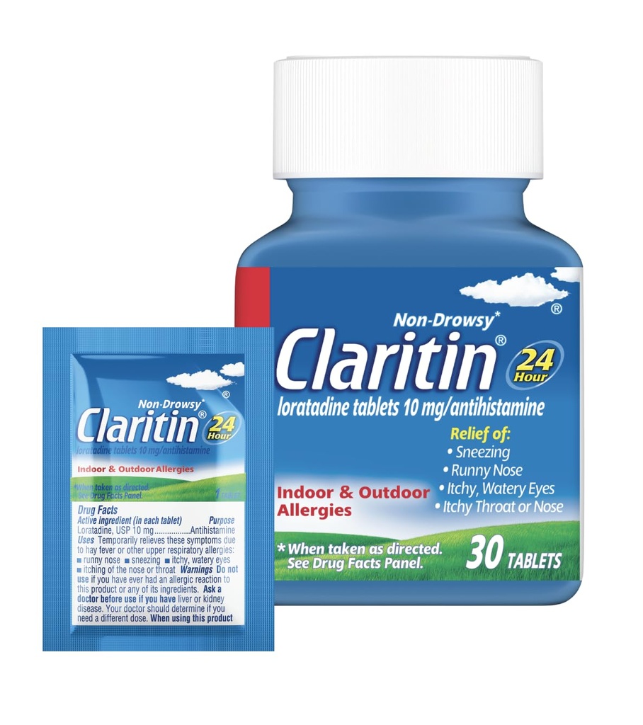 Claritin Allergi Medicin for voksne, 24- timers Non- Drowsy Lorazine 10mg piller, Antihistamin, 30 tabletter + 1ct On- The- Go Relief