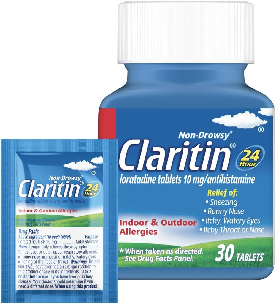 Claritin Allergi Medicin for voksne, 24- timers Non- Drowsy Lorazine 10mg piller, Antihistamin, 30 tabletter + 1ct On- The- Go Relief