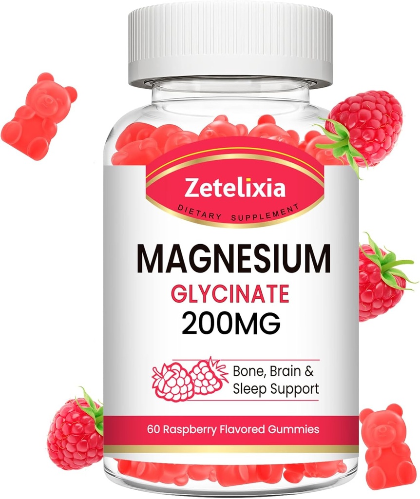 Magnesium Glycinate Gummies, Høj Absorption Magnesium Glycinate Kosttilskud til afslapning, Hindbær Tyg til voksne og børn, 60 Tæl