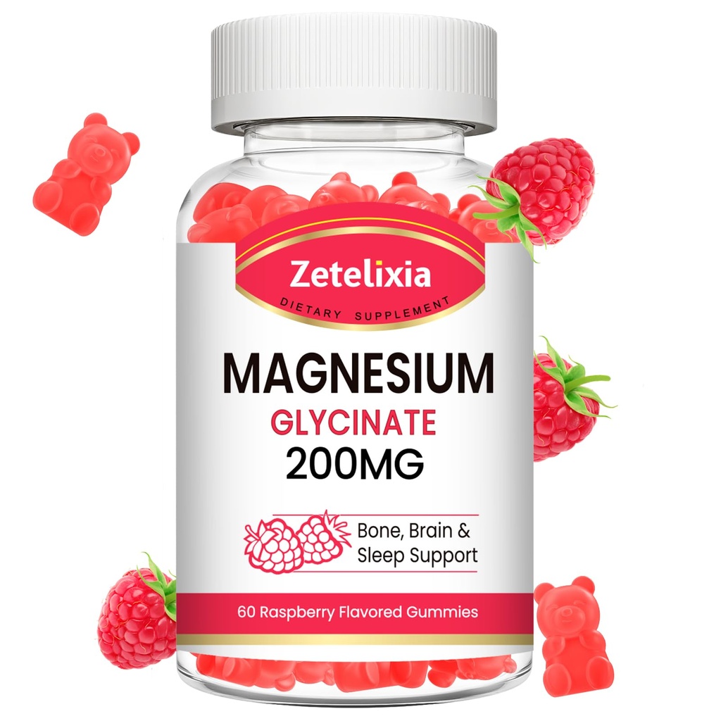 Magnesium Glycinate Gummies, Høj Absorption Magnesium Glycinate Kosttilskud til afslapning, Hindbær Tyg til voksne og børn, 60 Tæl
