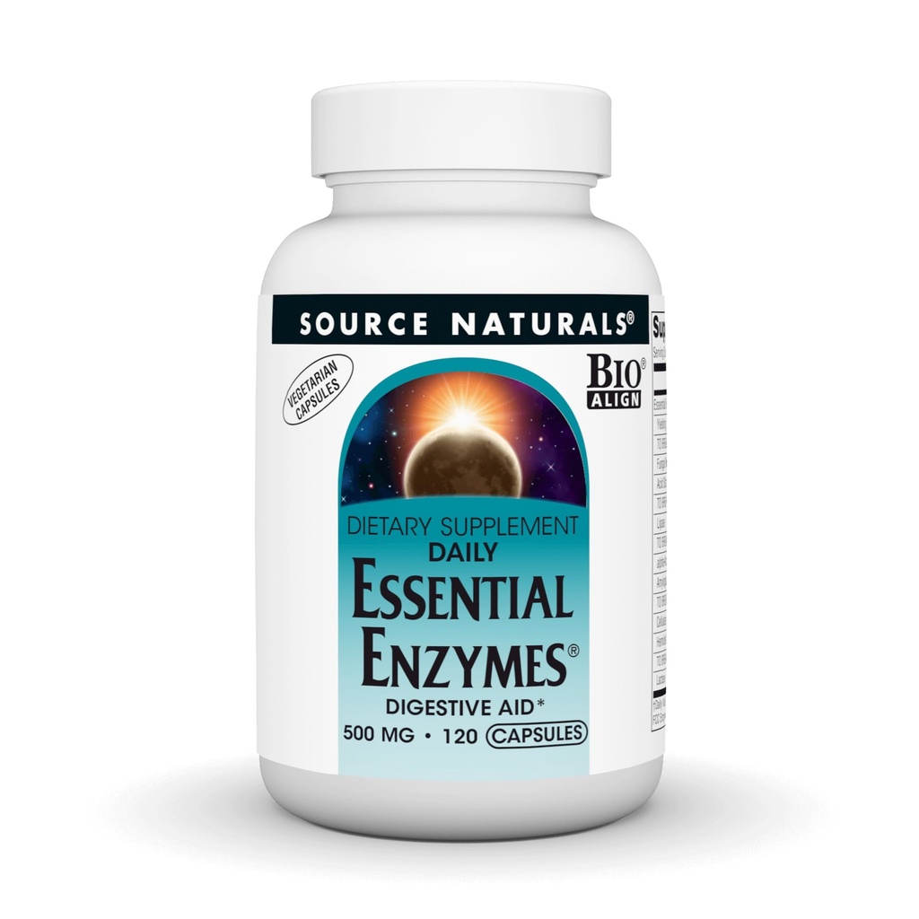 Source Naturals Essential Enzymes 500mg Bio- Aligned Multiple Enzyme Supplement Herbal Defense for fordøjelse, Gas, Forstoppelse & Bloating Relief - Understøtter immunsystemet * - 120 Vegetariske kapsler