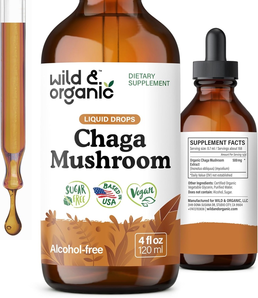 Wild & Organic Chaga Mushroom Drops - Immune Support with Chaga Extract - Liquid Mushroom Supplement for Immunity - Vegan, Sugar & Alcohol-Free Tincture - 4 fl oz