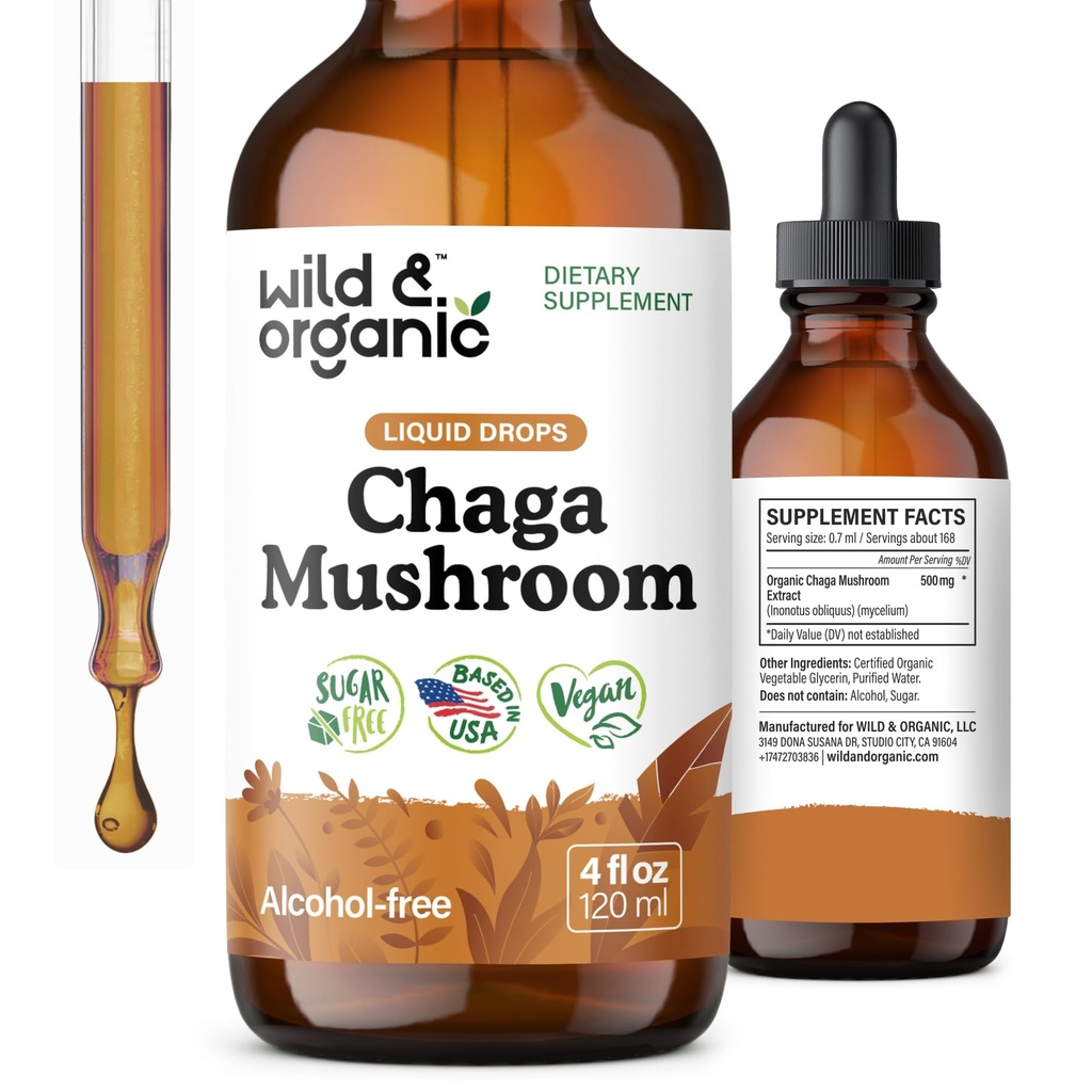Wild & Organic Chaga Mushroom Drops - Immunstøtte med Chaga Extract - Flydende Mushroom supplement til immunitet - Vegan, Sukker & Alkohol- Gratis tinktur - 4 fl oz