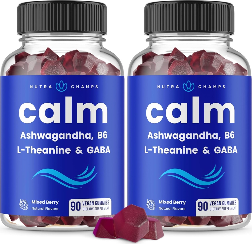 NutraChamps Calm Gummies, Stress Gummies Supplement med Ashwagandha, L- Theanine, GABA, Vitamin B6 & Lemon Balm, 90 Gummies (pakke med 2)
