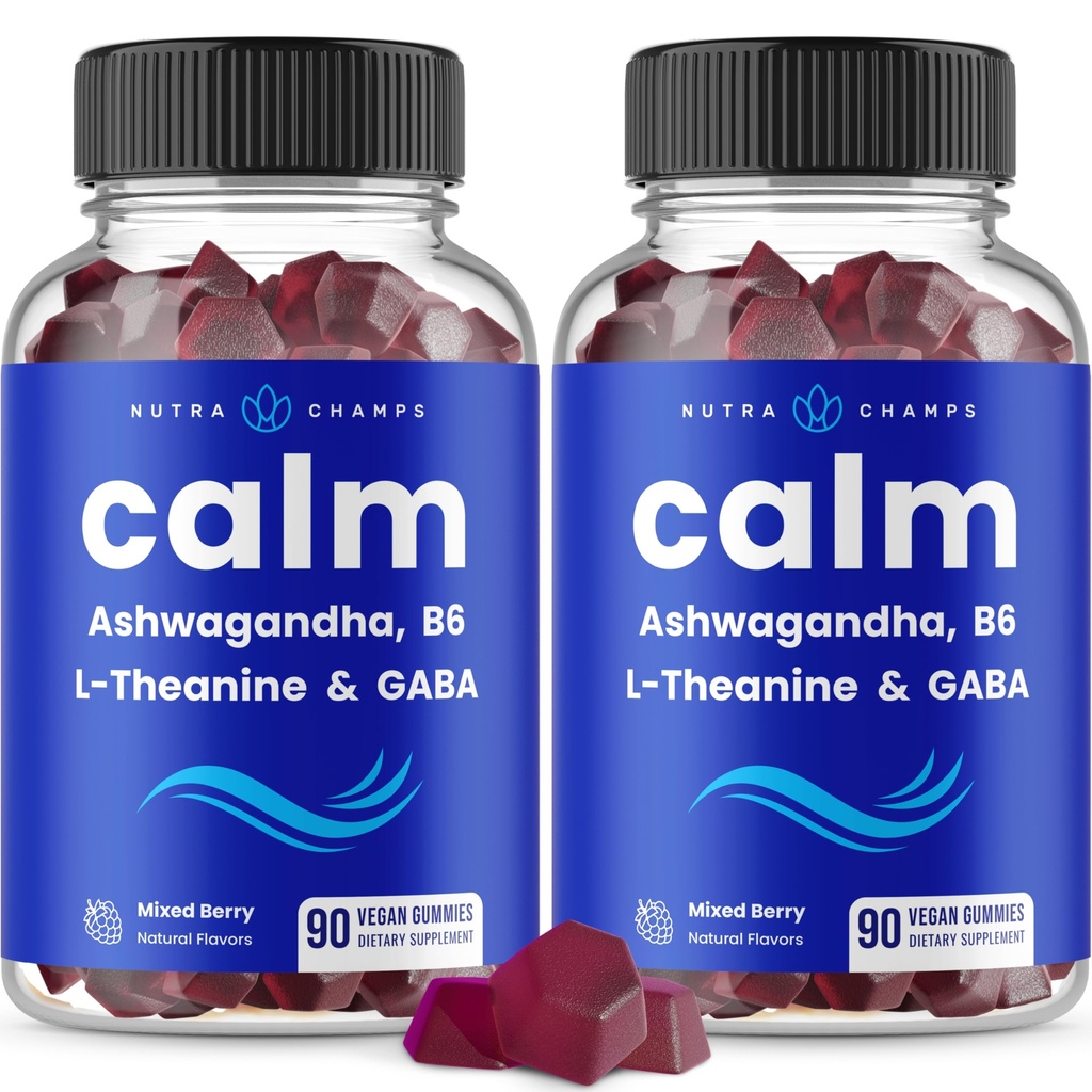 NutraChamps Calm Gummies, Stress Gummies Supplement med Ashwagandha, L- Theanine, GABA, Vitamin B6 & Lemon Balm, 90 Gummies (pakke med 2)
