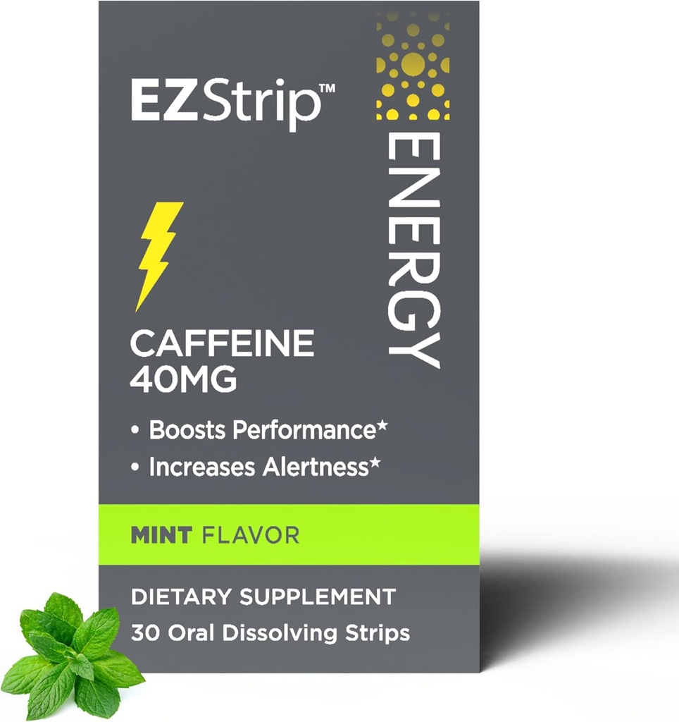 Energitilskud - Mint Flavor, 30 Greve - Opløsning Strips med 40 mg koffein til at hjælpe Energize din dag og boost ydeevne - Made in The USA, Sugar and Gluten- Free