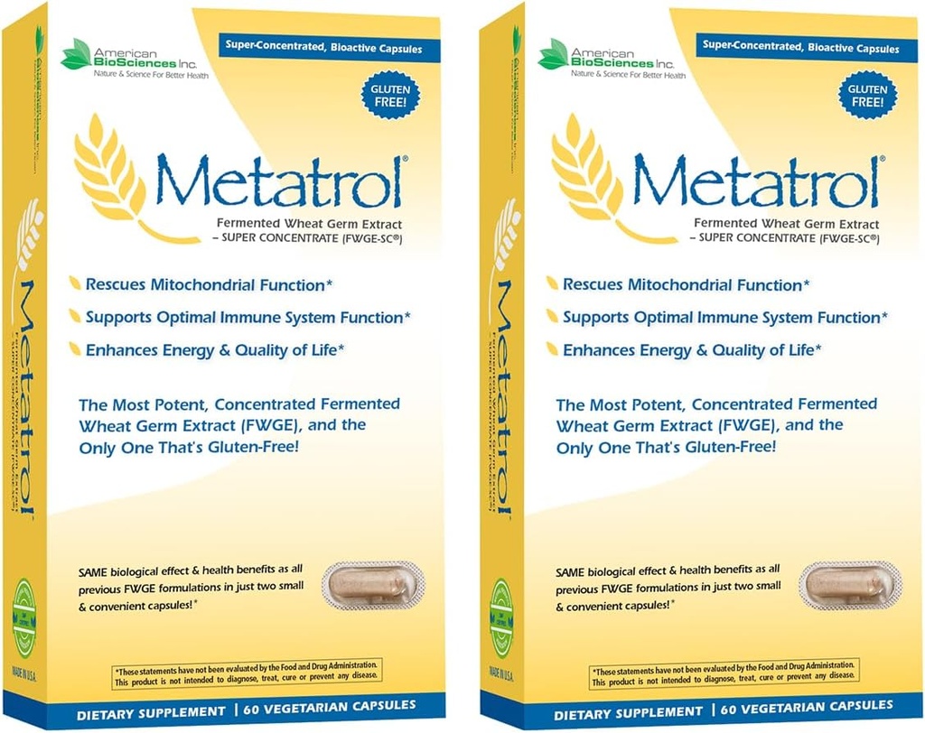 American BioSciences Metatrol 2- Box Bundle, Mitokondriel Rescue & Daily Immunsystem Support Fermented Hvede Germ Extract - Super koncentrat, 60 kapsler per Box, 41mg af FWGE- SC pr Servering