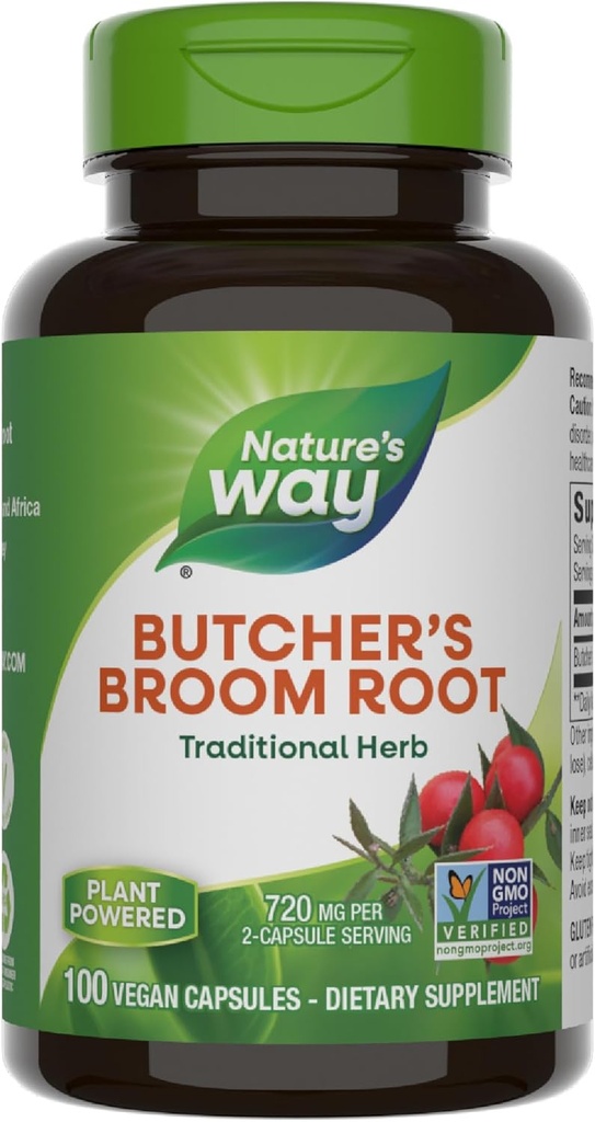 Nature 's Way Butcher' s Broom, Traditional Herb, 720 mg per 2-Capsule Serving, Non-GMO Project Verified, 100 Vegan Capsules (Packaging May Vary)