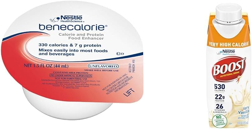 Benecalorie Calorie og Protein Enhancer - Unflavored (330 kalorier, 7g Protein) - 1,5 fl oz Cups & Boost Meget høj kalorie Vanilla Nutritional Drink - 22g Protein, 530 Nutrient Rich Calories, 8 Fl Oz
