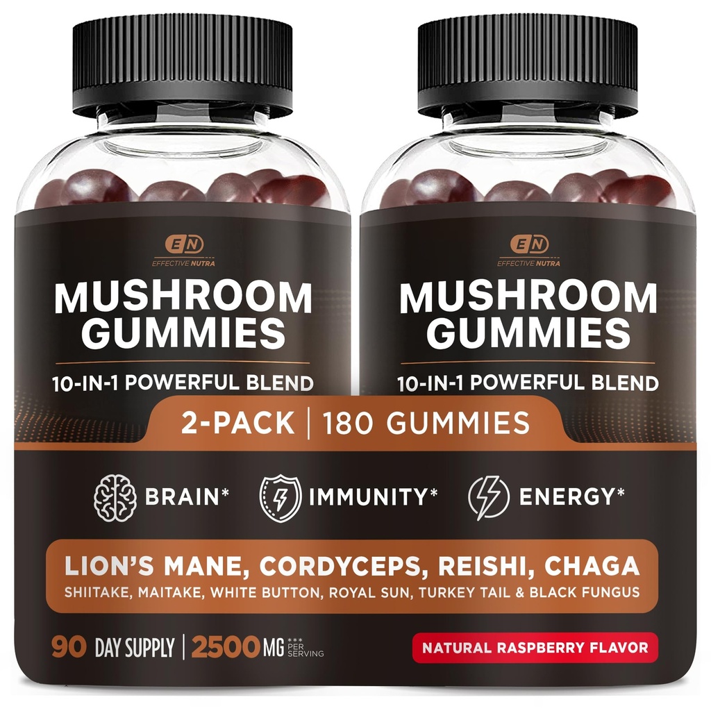 EFFEKTIV NUTRA Mushroom Gummies 250 mg Gummies 124; 10 Blend w / Lions Mane, Reishi, Chaga, Cordyceps & More; Fokus, Hukommelse, Immunitet, Energisupplement 124; Natural Berry Flavor Supplement 124; Vegan, Made in USA (2- Pack)