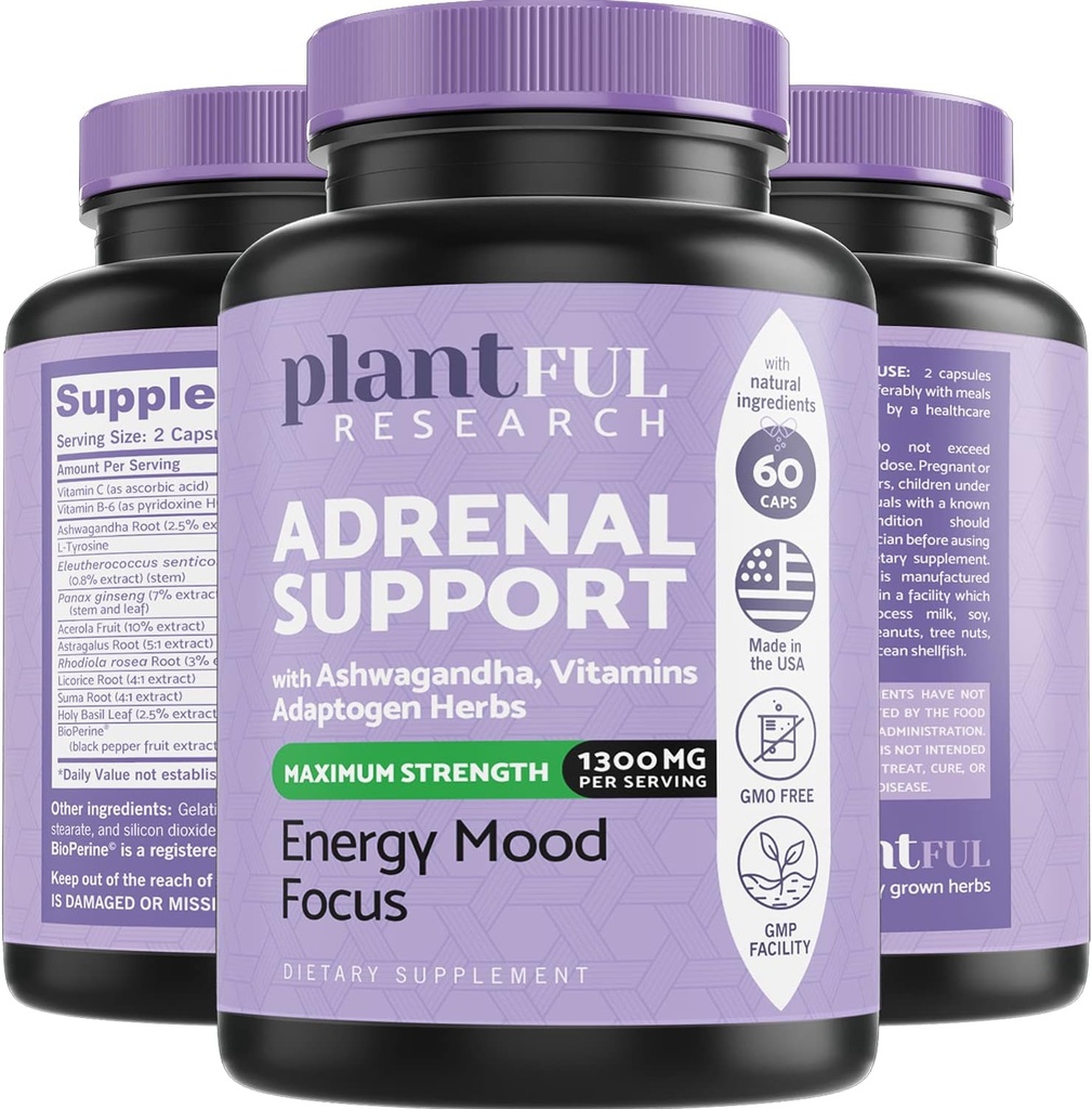 Adrenal Support & Cortisol Manager Supplement • Ultra High Renhed Adaptogens, Ashwagandha Extract, Rhodiola Rosea Capsules for Natural Energy, Træthed, Mood Boost Ikke GMO