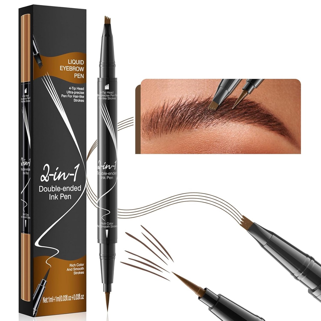 9706 2- in-1 Double- Ended Liquid Eyebrow Pen, 4 Tip Head & 1 Tip Ultra Fine Eyebrow Pen, Nemt Tegn Realistiske Øjenbryn, 4 Color, Vandtæt (2 # Dark Brown)
