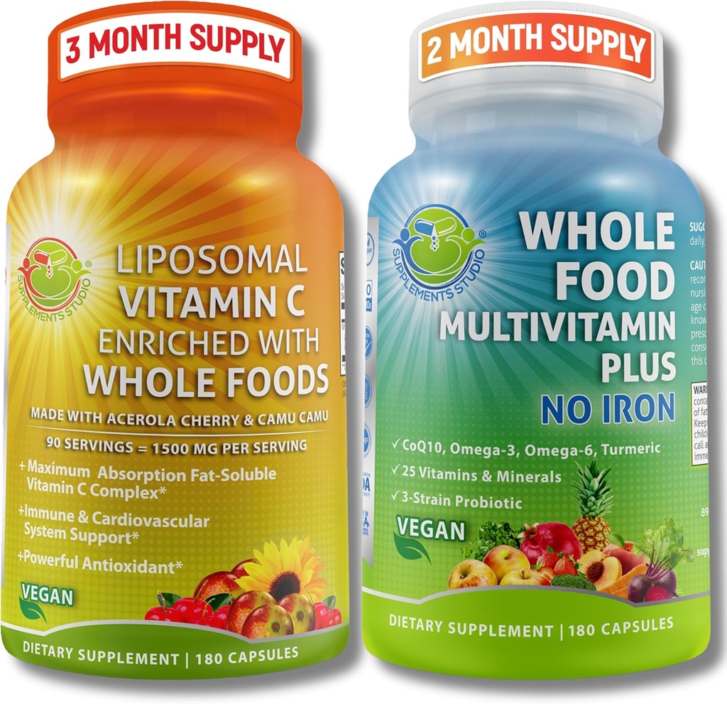 Liposomal C-vitamin 1500mg + Vegansk Hel Food Multivitamin uden jern - Energi & Immunstøtte Bundle med Organic Acerola Cherry, Camu Camu & Beriget med Hel fødevarer -Non- GMO, Clean Label