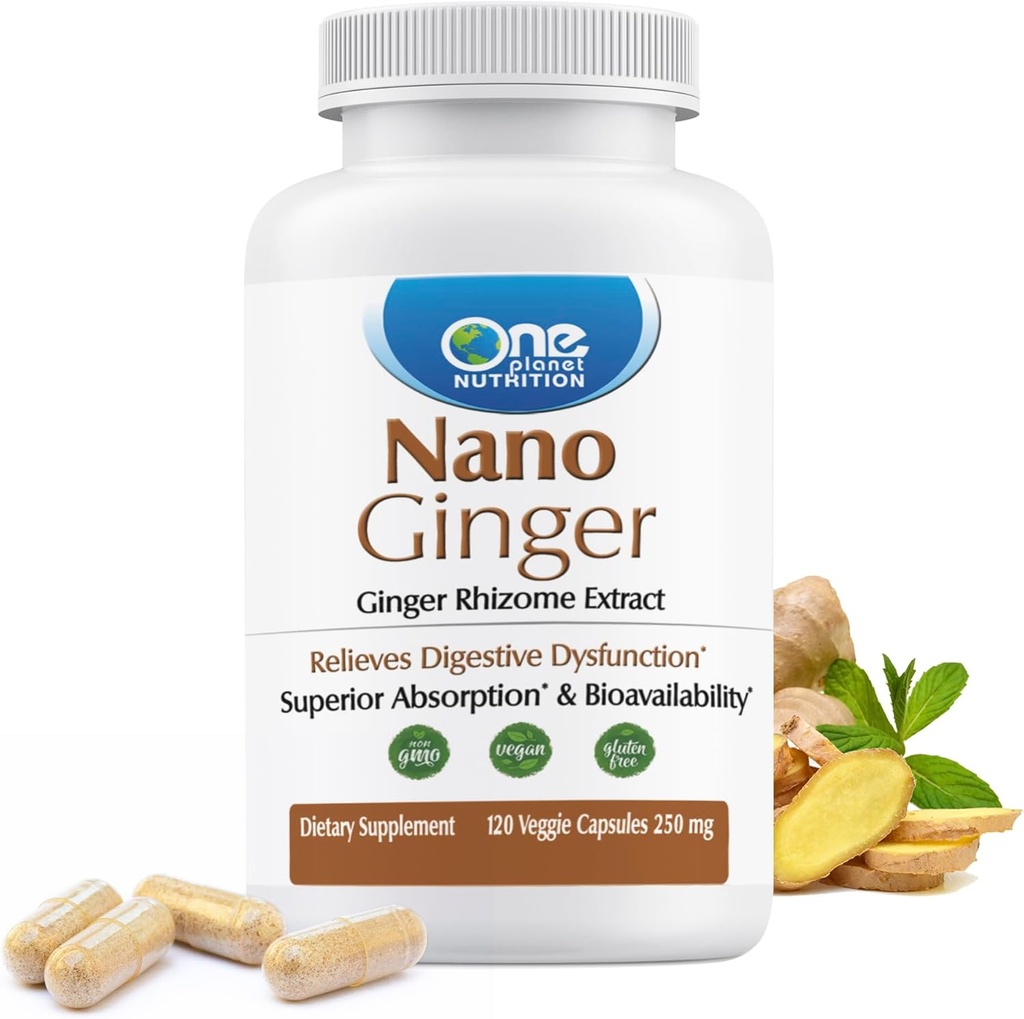 One Planet Nano Ingefær Root 250 mg Veggie Capsules (120 Servere), Pure Ingefær Root Extract, Nano for Superior Absorption, Enhances fordøjelsessygdomme, Non- GMO, Vegan Gluten Free