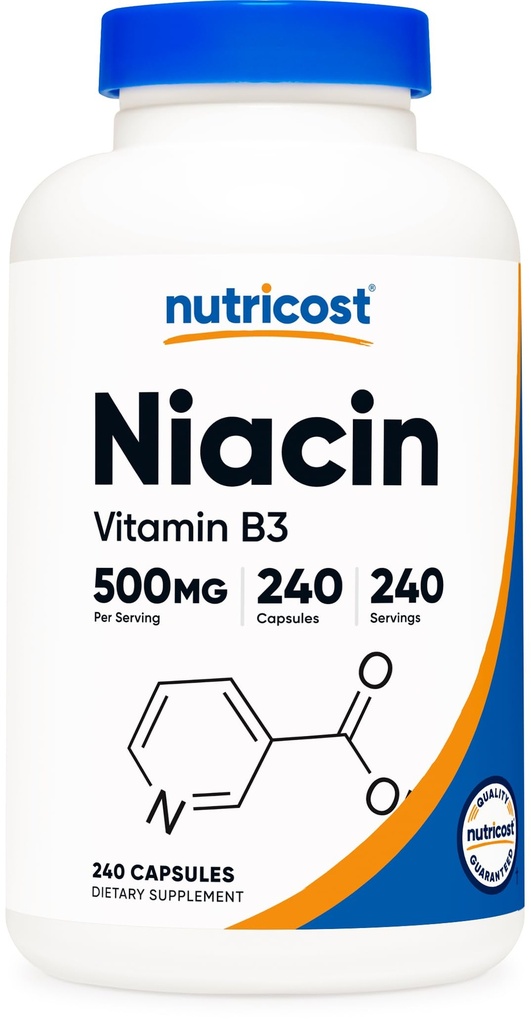 Nutricost Niacin (vitamin B3) 500 mg, 240 kapsler - med flushing, Non- GMO, Gluten Free