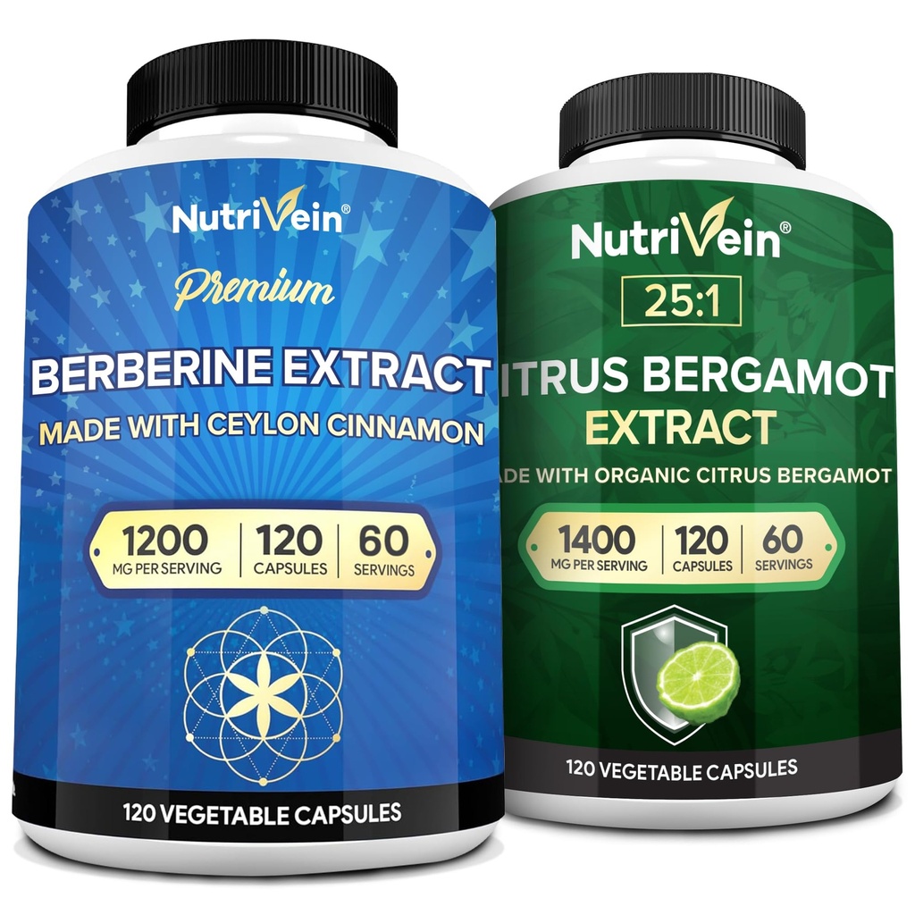 Nutrivein Premium Berberine 1200mg & Citrus Bergamot Extract 1400mg Bundle - Ceylon Cinnamon & 25: 1 Bergamia Extract - Weight Management & Immunsupport Plus Heart Health - 120 Kapsler Hver