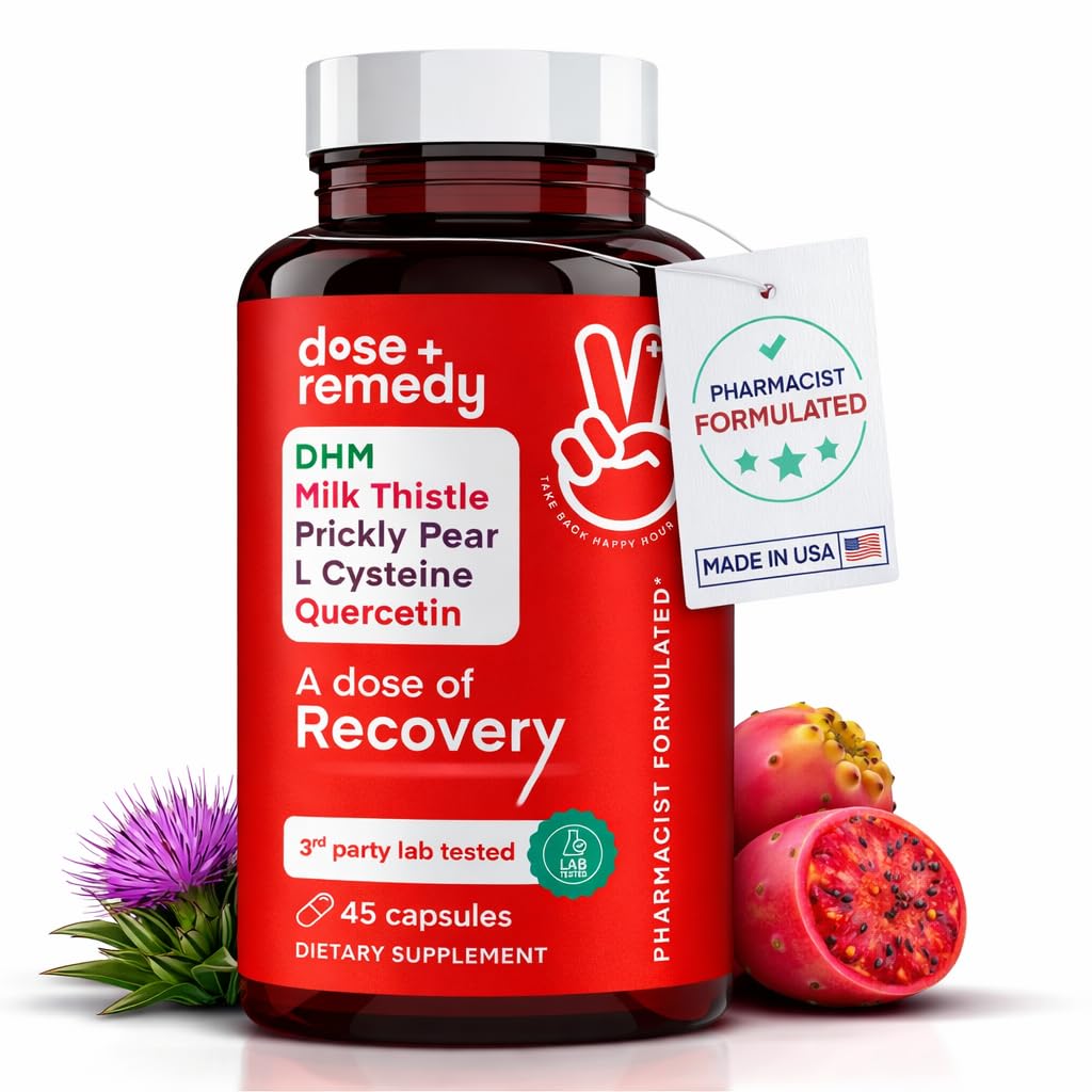 En dosis af Genopretningsgrad 124; Lever Detox; Fremstillet i USA; 124; USDA; 124; Hydration Support for bedre morgen Inddrivelse Asian Flush • 124; Dihydromyricetin DHM, Quercetin, Vitamin B, Milk Thistle, Prickly Pære, • 124; (45 piller)
