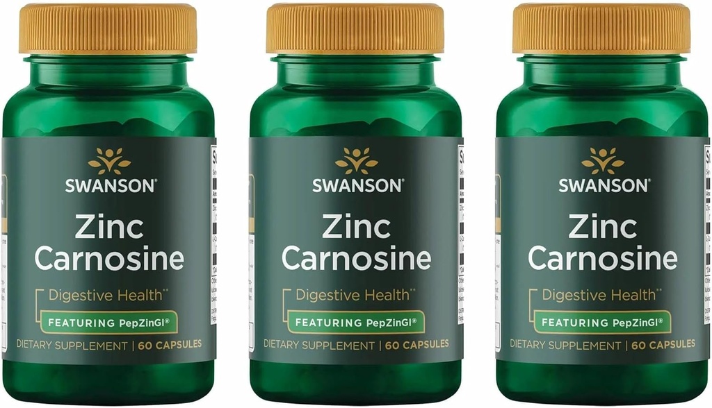 Swanson Zink Carnosine (PepZin GI) - Natural Supplement Fremme Gastrisk Sundhed & fordøjelsesstøtte - Understøtter mikrobiel balance i Maven - (60 kapsler) (3 Pack)