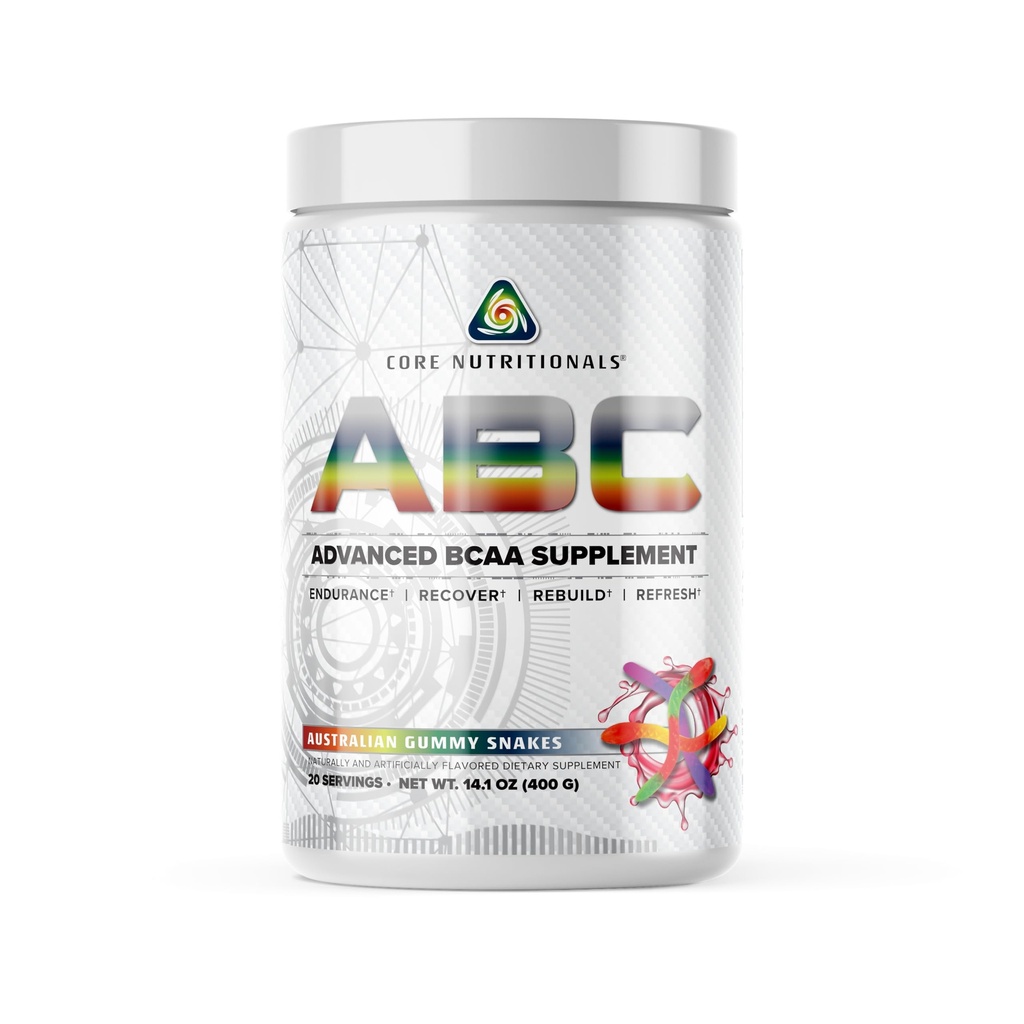 Core Nutritionals ABC Advanced BCAA Supplemented 124; Amino Acid Recovery Blend 124; med Glutamin, Beta Alanine, Citrullin Malate Budding 124; 20 Servere (Australske vingummislanger)