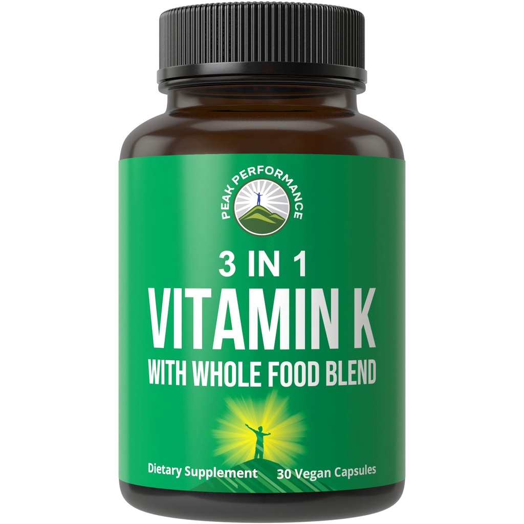 Vitamin K med hel fødevareblanding af 25 + grøntsager og frugter til Max Absorption. Veganske kapsler supplement. Vitaminer K1, K-2 MK4 + K2 Natto MK7. Alternativ til Drops, Gumier. VIT K med 2 og MK-7