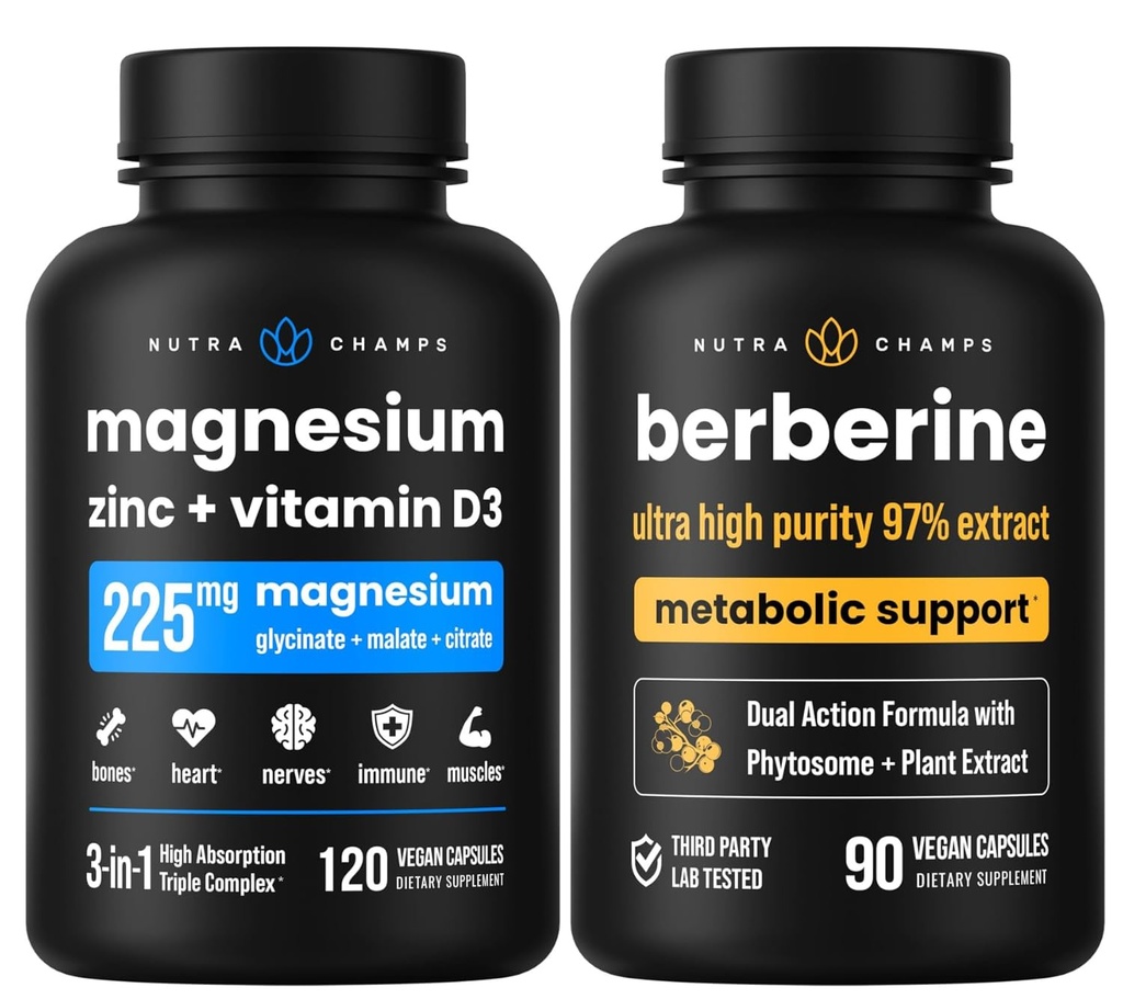 NutraChamps Complete Bone & Metabolic Support: Magnesium Zink D3 & Berberine Duo