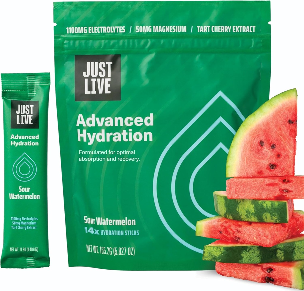 Just Live Advanced Hydration - Sour Watermelon, Electrolyte Drink Mix, Tart Cherry Extract, Understøtter Inddrivelse & Absorption, Low Sugar, 14 Pack