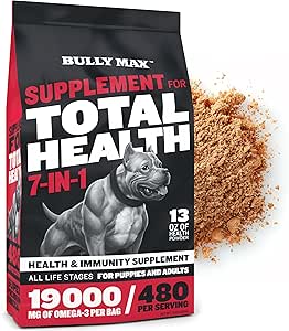 Bully Max 7- in-1 Hund Multivitamin pulver med Omega 3, 6, Glucosamin & Chondroitin for immunsystem, fordøjelse & fælles sundhed - fødevarer Topper, vitaminer og kosttilskud til hvalpe & voksne hunde, 13Oz Bag