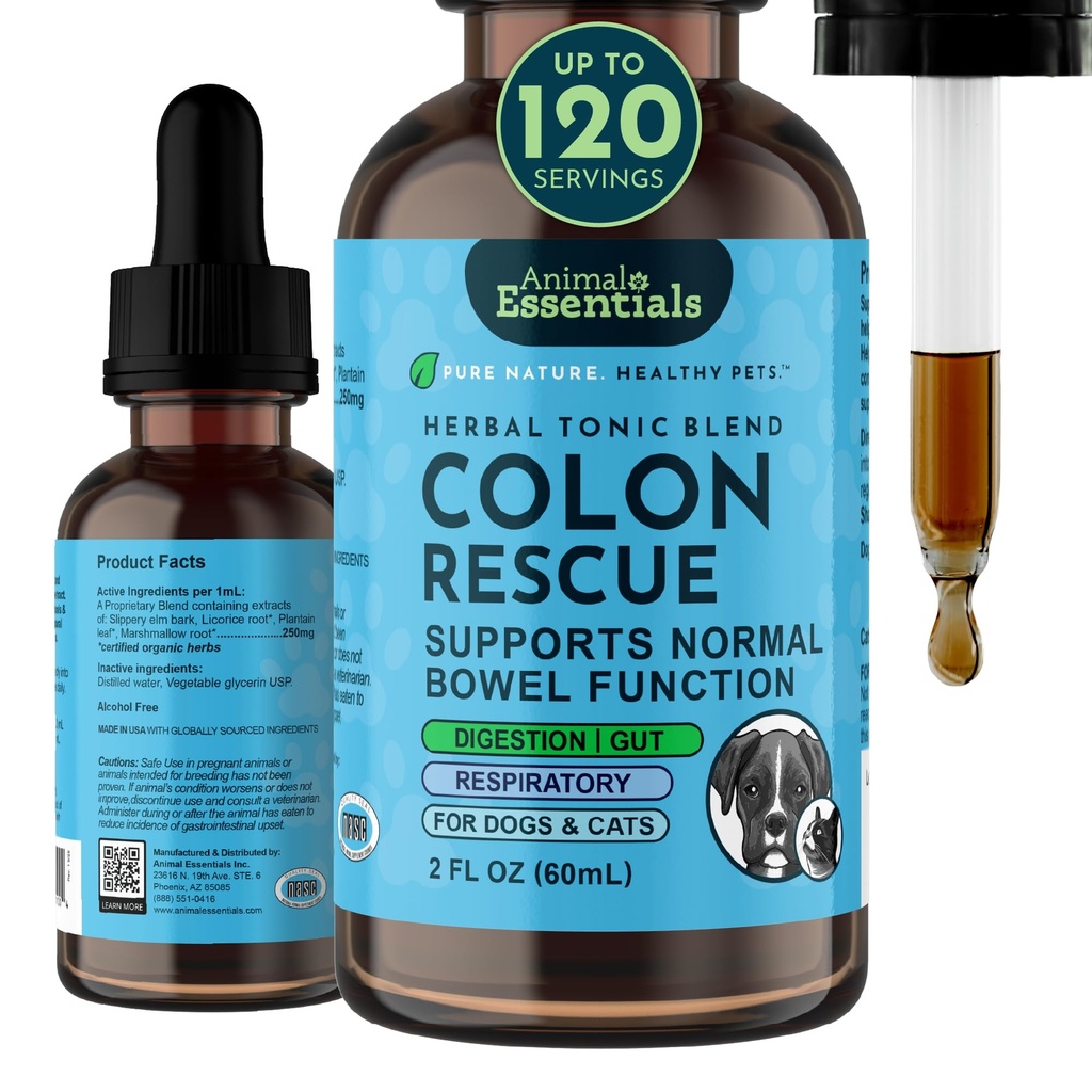 Animal Essentials Colon Rescue - Hundeafføring blødgøringsmiddel, Organic Slippery Elm Bark, Hurtig fungerende Anti Diarré Liquid Drops til hunde & katte, Naturlig Forstoppelse Relief supplement til kæledyr - 2 fl oz