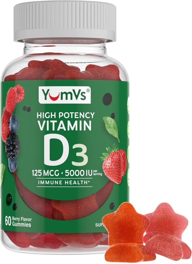 YUM- V Vitamin D3 Gummies 5000 IE 125mcg D3 Gummies - Support immunforsvar, Stærk Bone Health - Non- GMO, Gluten- Free, Dairy- Free, Vitamin D Gummy (60 Greve)