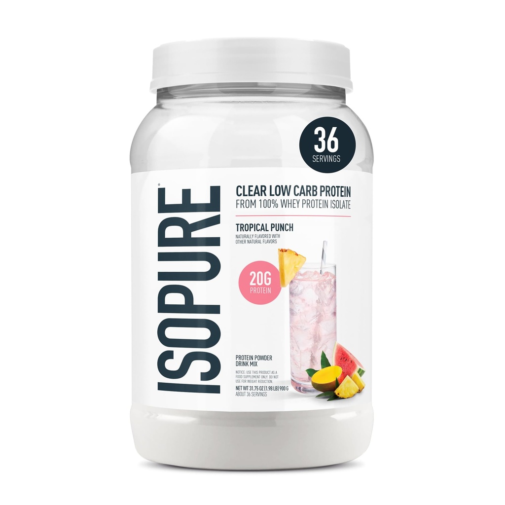 Isopure Clear Whey Isolate Protein Powder, Lactose Free, Gluten Free, Naturlig Flavored, Tropical Punch, 20g Protein Per Servering, 1.9 Lbs, 36 Servering (Packaging May Vary)