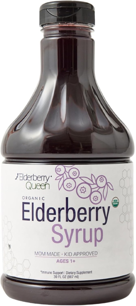 Elderberry Queen Organic Elderberry Syrup 30 Fl Oz - immunstøtte Formel med Sambucus Black Elderberry & Aronia Berry - Pure Natural Certified Organic Elderberry Syrup for børn og voksne