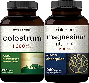 NatureBell Magnesium Glycinat Capsules 500mg & Colostrum Capsules 1.000mg Per Serving Bundle Pack- 124; Chelated & Renset Mineral Mex124; Mors First Milk from Grass Fed Bovine