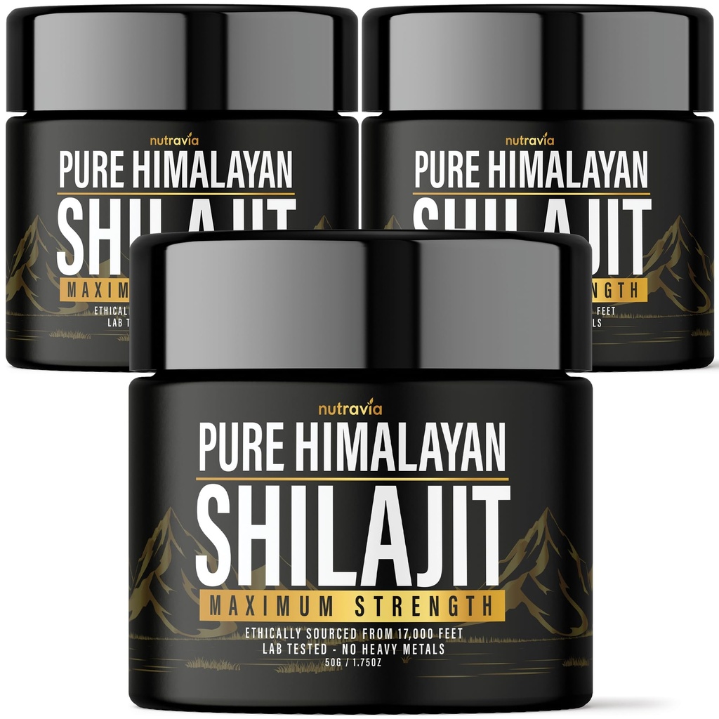 (3 Pack) Shilajit Pure Himalayan Organic Resin - Natural Autentiske Lab Testet Formel for Mænd, Kvinder - Ingen tunge Metals - 600mg Max Styrke med 85 + Trace Minerals Golden Grade Shilajit tillæg