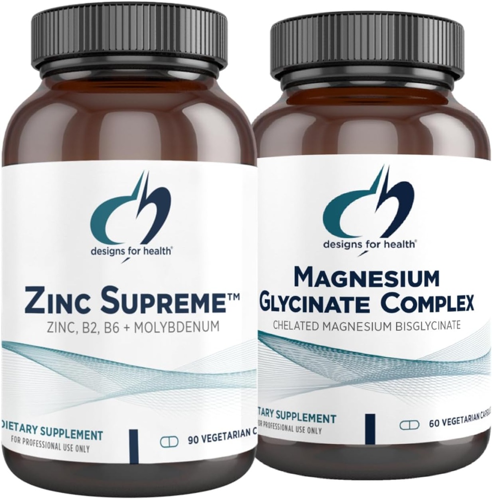 Designs for Health Magnesium Glycinate Complex (60 Capsules) & Zinc Supreme (90 Capsules) - High Absorption Magnesium with Zinc Bisglycinate Chelate with Cofactors for Immune Support