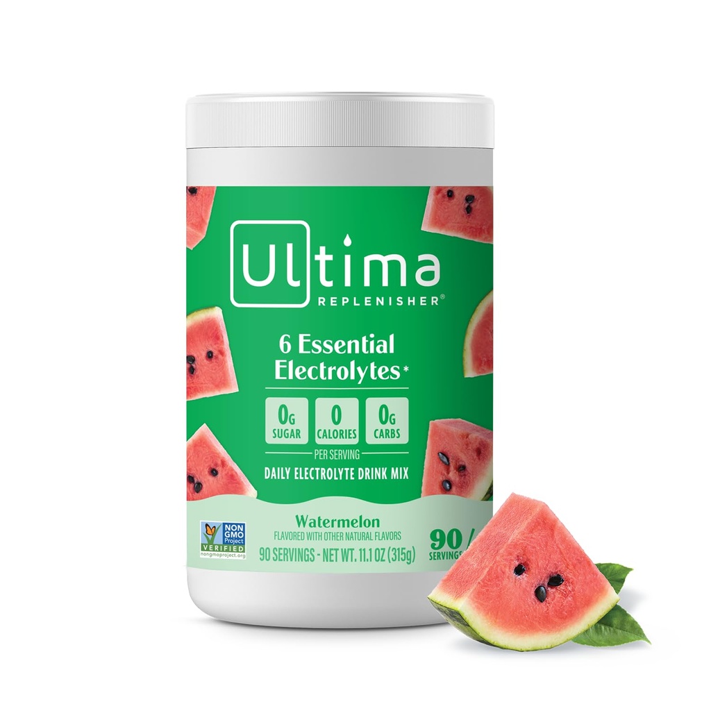 Ultima Replenisher Daily Electrolyte Powder Drink Mix - Sugar Free - Watermelon, 90 Servering - Hydration Powder med 6 Key Electrolytes og Trace Minerals - Keto Friendly, Vegan, Non- GMO