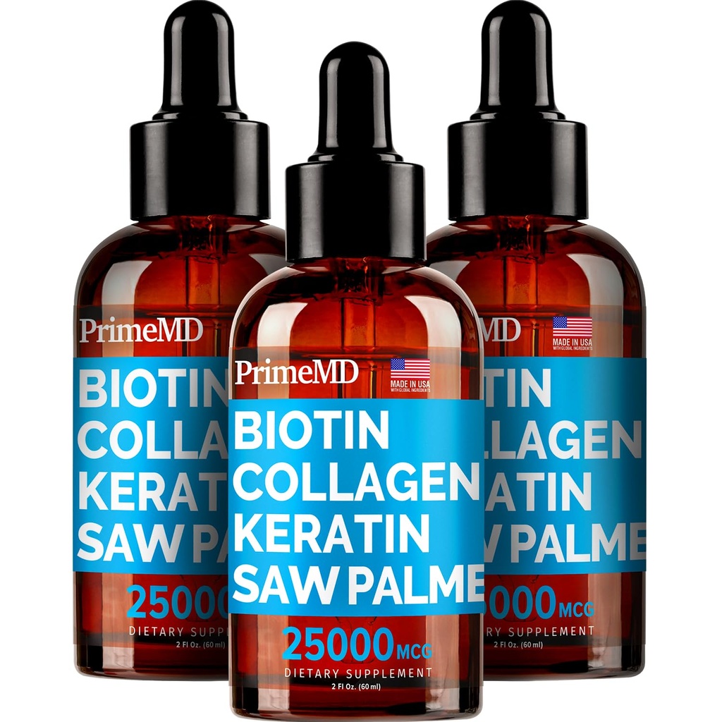 PrimeMD 4- in-1 Flydende Biotin Collagen Keratin Saw Palmetto Drops (3 Pack) Bundle - 25000mcg hår negle og hudvitaminer til kvinder & mænd - 2 Fl Oz Hver, Watermelon Flavor, Gluten- fri, Non- GMO