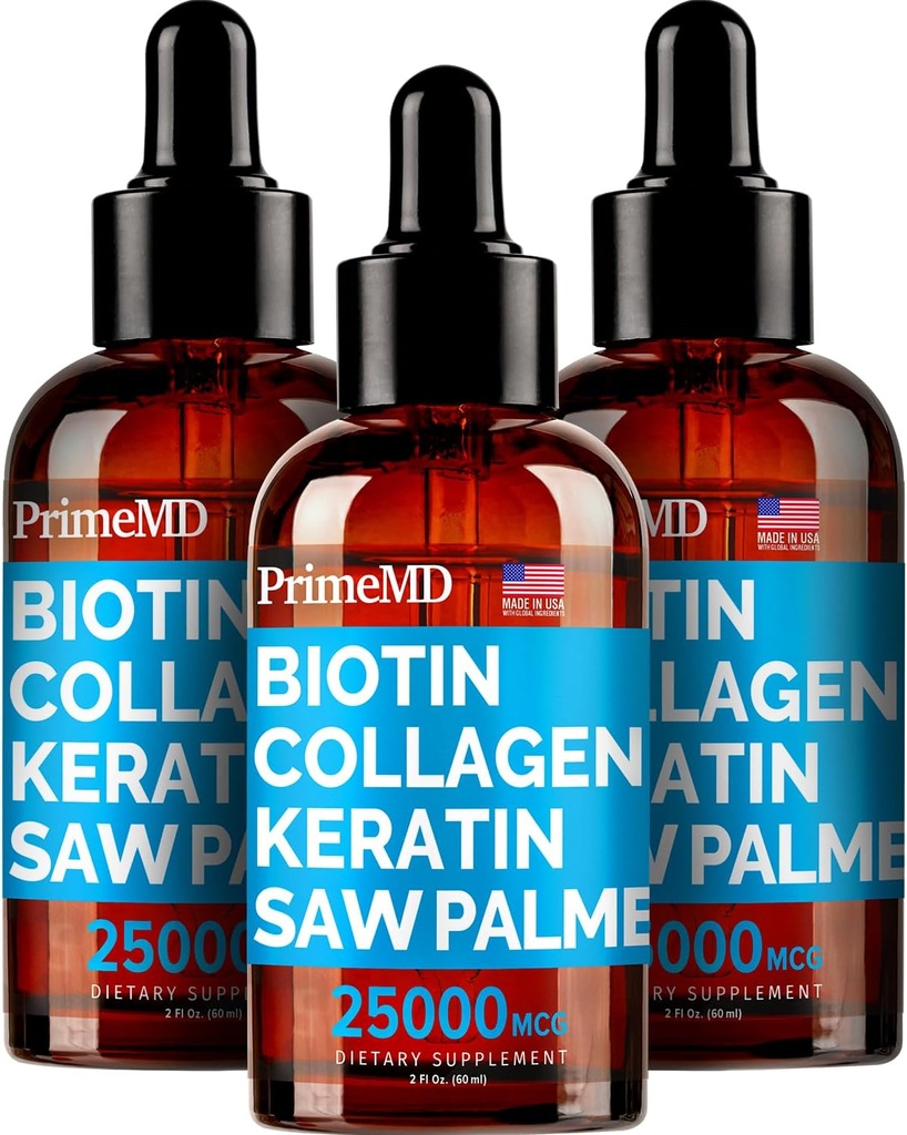 PrimeMD 4- in-1 Flydende Biotin Collagen Keratin Saw Palmetto Drops (3 Pack) Bundle - 25000mcg hår negle og hudvitaminer til kvinder & mænd - 2 Fl Oz Hver, Watermelon Flavor, Gluten- fri, Non- GMO