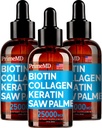 PrimeMD 4-in-1 Liquid Biotin Collagen Keratin Saw Palmetto Drops (3 Pack) Bundle - 25000mcg Hair Nails and Skin Vitamins for Women & Men - 2 Fl Oz Each, Watermelon Flavor, Gluten-Free, Non-GMO