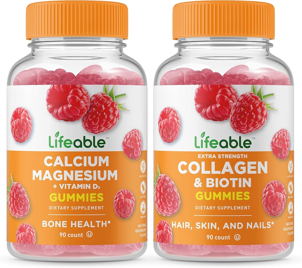 Lifeable Calcium Magnesium + Collagen & Biotin, Gummies Bundle - Great Tasting, Vitamin Supplement, Gluten fri, GMO fri, Chewable
