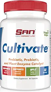 SAN 's kultivate Prebiotic- Probiotic, Multi- Strain Probiotika & Synergistiske Prebiotika med fordøjelsesenzymer - Designet til fordøjelsessundhed, Support Gut Microbiome - for kvinder & mænd, 96 kapsler