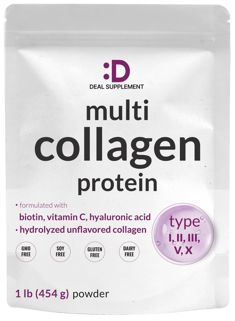 Multi Collagen Protein Powder, 1Lb - Type I, II, III, V, X Collagen Peptider med Biotin 10000mcg, C-vitamin & hyaluronsyre - Unflavored - Keto & Paleo Friendly, Great for Hår, Hud, Nails & Joints
