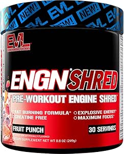 EVL Ultimate Pre Workout Powder - Thermogen Fat Burn Support Preworkout Powder Drikke til vedvarende energi Focus og Stamina - ENGN Shred Intense Creatin Free Preworkout Drikke Mix - Fruit Punch