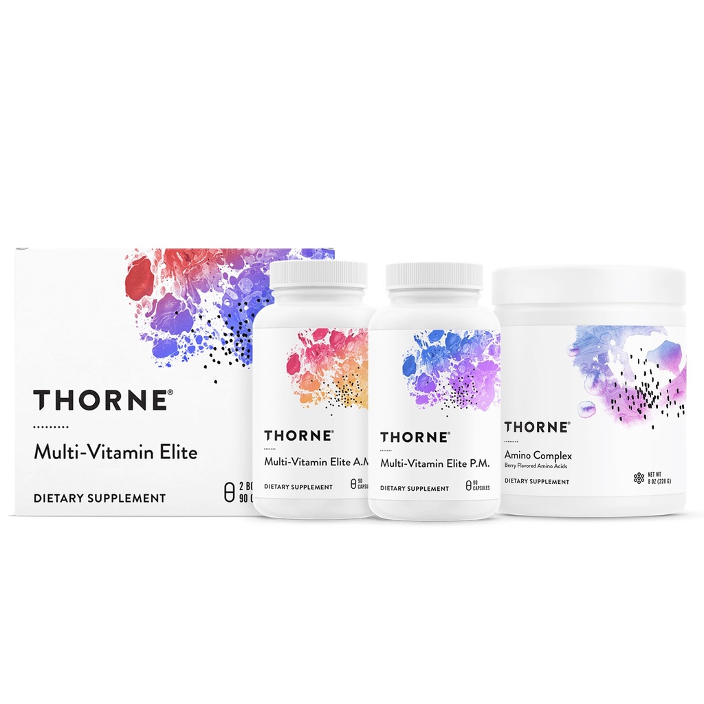 THORNE - Multi- Vitamin Elite AM & PM (180 kapsler) & Amino Complex (Berry, 8 Oz) Bundle - understøtter energiproduktion & atletisk ydeevne - Gluten, Dairy & Soy- Free
