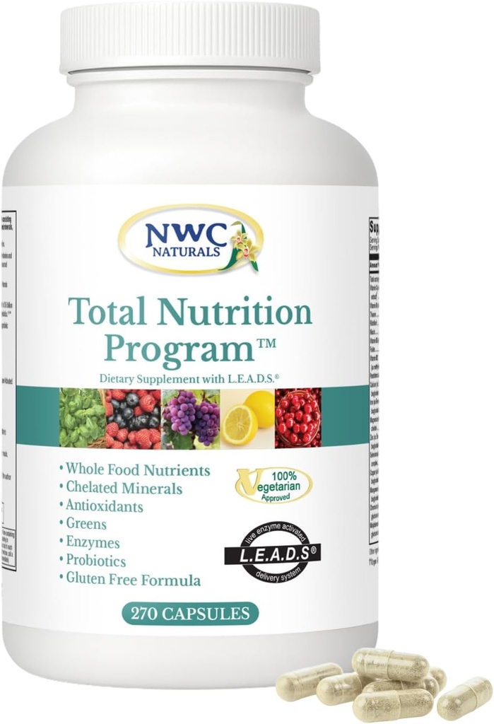 NWC Naturals Total- Nutrition Program Multivitamin med enzymer Plus Prebiotika og Probiotika Supplement, Komplet omsorg for mænd og kvinder, Vegetarisk Natural Whole Food Vitaminer, 270 Kapsler