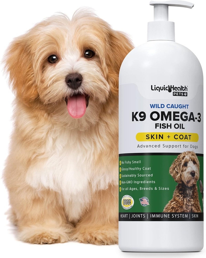 Flydende sundhed Kæledyr K9 Omega 3 Fish Oil for Dogs - Flydende Omega 3 Supplement til Kæledyr med EPA + DPA + DHA - Reducer kløen & skåren, Support Joints, Immunity, Brain & Heart Health - USA Made (16 oz)